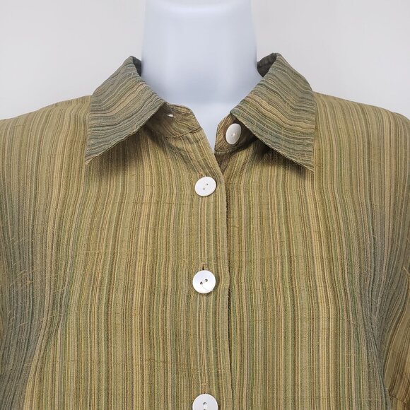 VTG Y2K Spenser Jeremy Silk Striped Button Up Tunic Top Womens L Olive Green - Picture 2 of 11